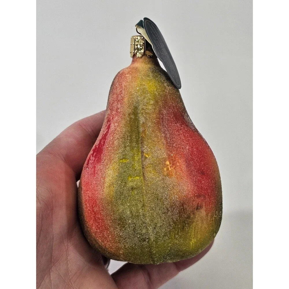 NEW VINTAGE Christborn‎ Marshall Field's Blown Glass Sparkly Pear Ornament Fruit